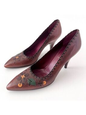 PRADA | Vintage Brown Red Leather Floral Stitch Appliqué Pointed Pumps EU 38.5